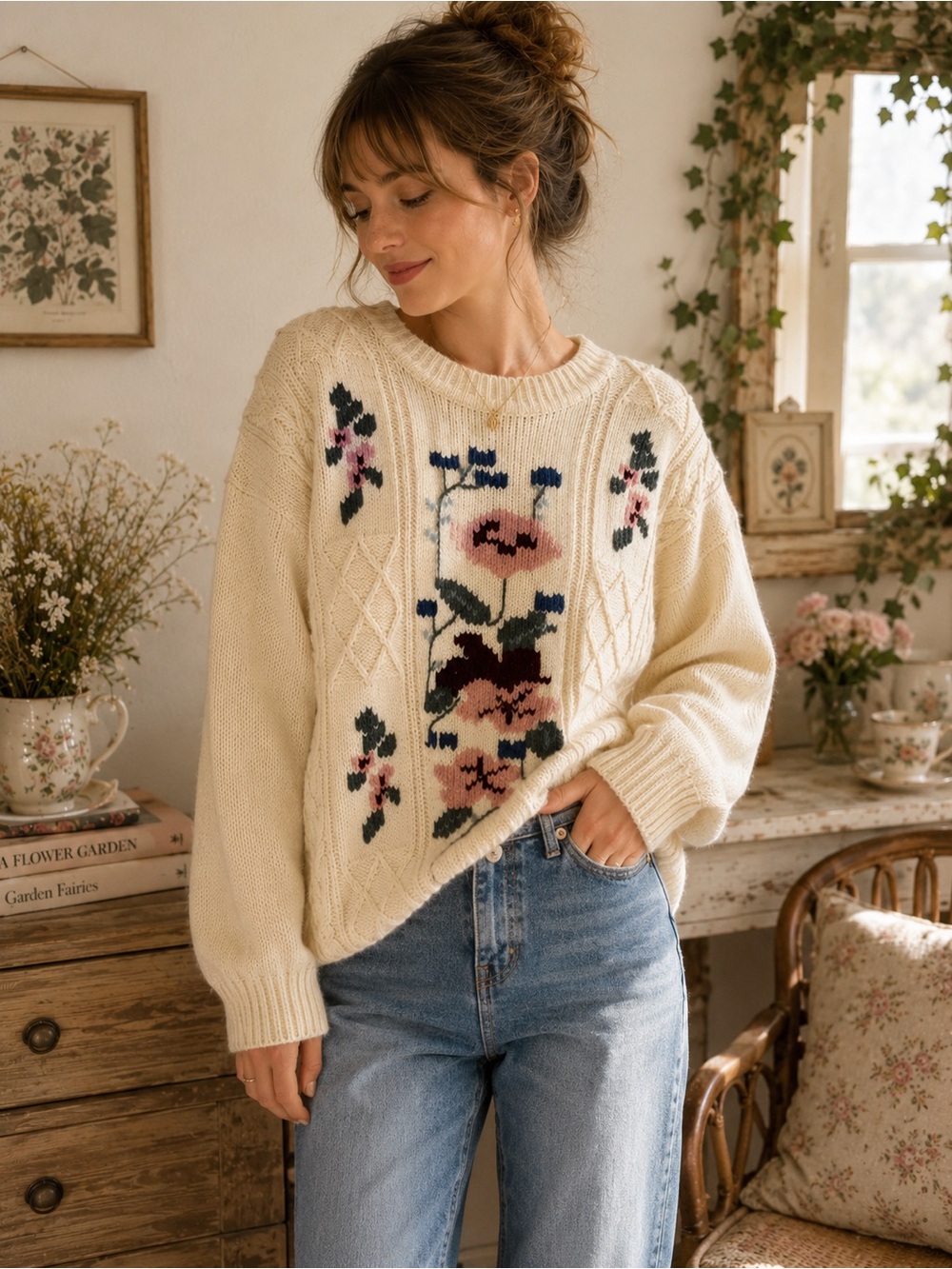 Vintage Jessica Cream Floral Knit Sweater